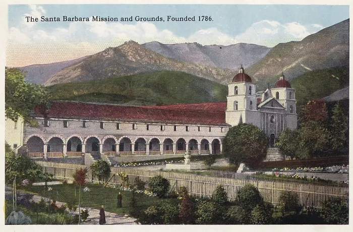 Framed Print : Vintage souvenir postcard, Santa Barbara Mission, Southern California Souvenir Views series, ca 1923 Framed Print : Vintage souvenir postcard, Santa Barbara Mission, Southern California Souvenir Views series, ca 1923