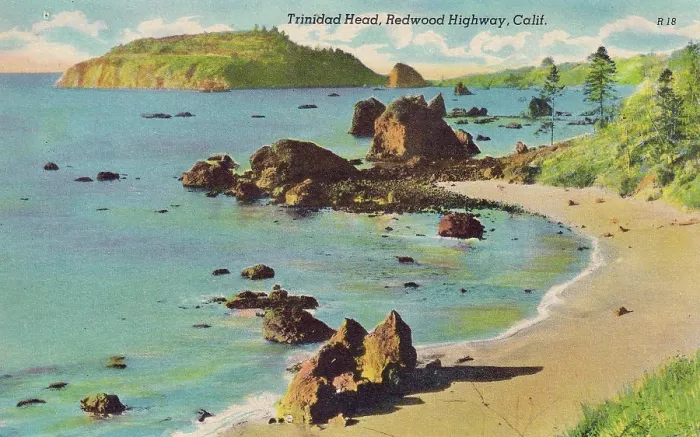 Framed Print : Vintage souvenir postcard, Trinidad Head, Greetings from the Redwood Highway series, ca 1942 Framed Print : Vintage souvenir postcard, Trinidad Head, Greetings from the Redwood Highway series, ca 1942