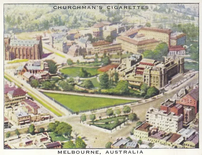 Framed Print : Vintage tobacco card, Melbourne, Australia, Wings Over the Empire series, Churchman's Cigarettes, 1939 Framed Print : Vintage tobacco card, Melbourne, Australia, Wings Over the Empire series, Churchman's Cigarettes, 1939