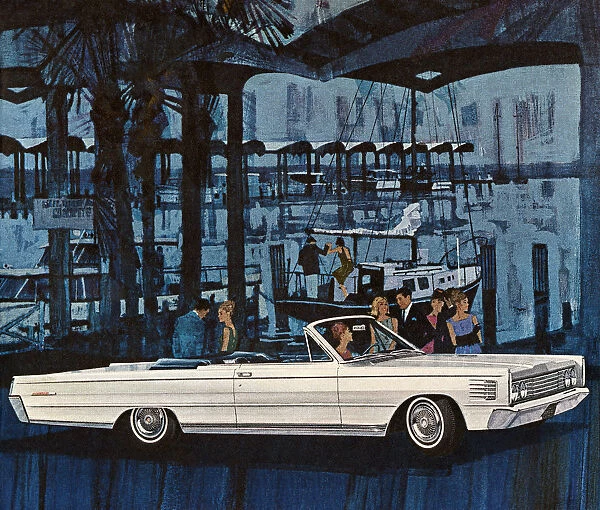 Vintage White Car Surrounded By Crowd at Dock