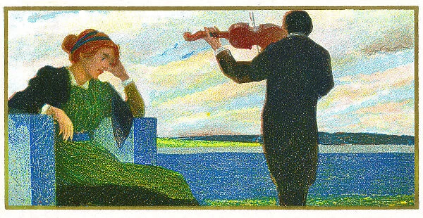 Violinist playing violin to young woman art nouveau illustration 1899