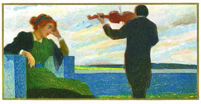 Framed Print : Violinist playing violin to young woman art nouveau illustration 1899 Framed Print : Violinist playing violin to young woman art nouveau illustration 1899