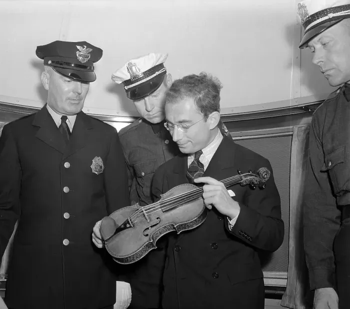 Framed Print : Violinist Showing Stradivarius to Policemen Framed Print : Violinist Showing Stradivarius to Policemen