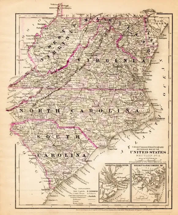 Framed Print : Virginia North Carolina map 1881 Framed Print : Virginia North Carolina map 1881