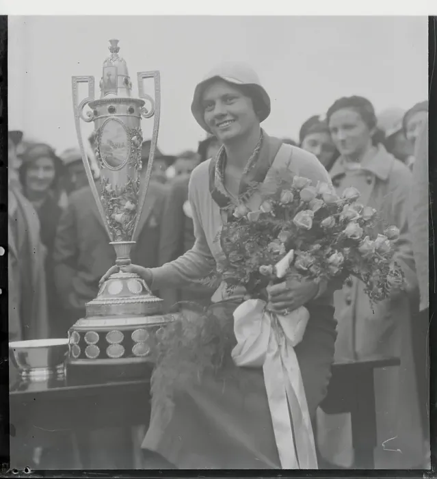 Framed Print : Virginia Van Wie Posing with Trophy Framed Print : Virginia Van Wie Posing with Trophy