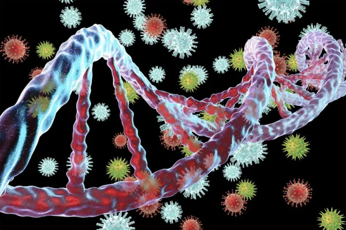 Framed Print : Viruses and DNA, illustration Framed Print : Viruses and DNA, illustration