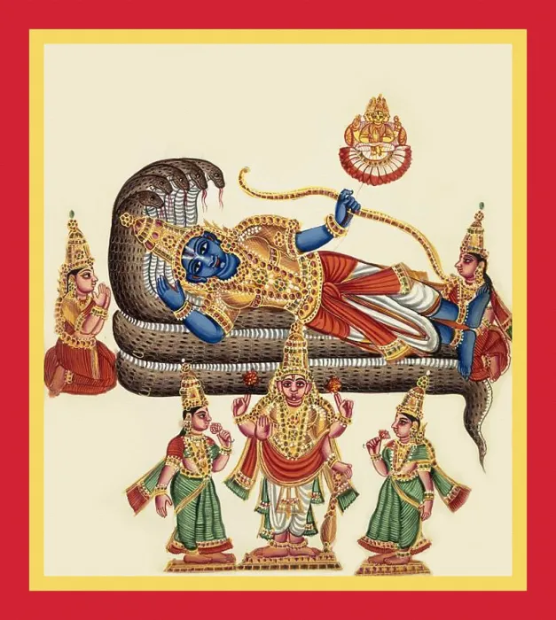 Framed Print : Vishnu reclines on the coils of the five-hooded Shesha Framed Print : Vishnu reclines on the coils of the five-hooded Shesha