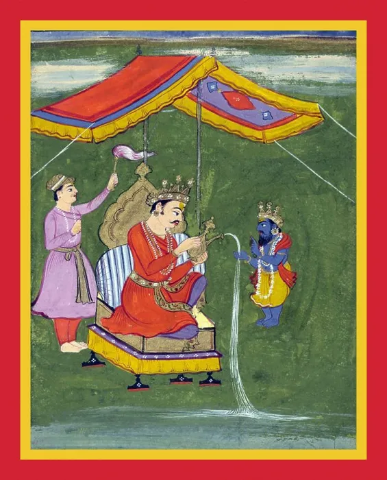 Framed Print : Vishnu as Vamana accepting water from Bali as token of a gift