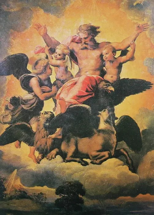 Framed Print : Vision of Ezekiel, by Raffaello Sanzio da Urbino, also Raffael da Urbino, Raffaello Santi, Raffaello Sanzio, Raphael, Italian painter, Italy, digitally restored reproduction of a work of art (public domain) from c. 1500 Framed Print : Vision of Ezekiel, by Raffaello Sanzio da Urbino, also Raffael da Urbino, Raffaello Santi, Raffaello Sanzio, Raphael, Italian painter, Italy, digitally restored reproduction of a work of art (public domain) from c. 1500