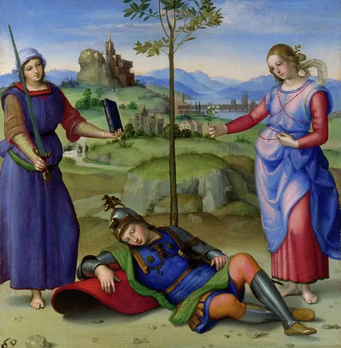 Framed Print : Vision of a Knight, Sueno del Caballero, by Raffaello Sanzio da Urbino, also Raffael da Urbino, Raffaello Santi, Raffaello Sanzio, Raphael, Italian painter, Italy, digitally restored reproduction of a work of art (public domain) from c. 1500 Framed Print : Vision of a Knight, Sueno del Caballero, by Raffaello Sanzio da Urbino, also Raffael da Urbino, Raffaello Santi, Raffaello Sanzio, Raphael, Italian painter, Italy, digitally restored reproduction of a work of art (public domain) from c. 1500