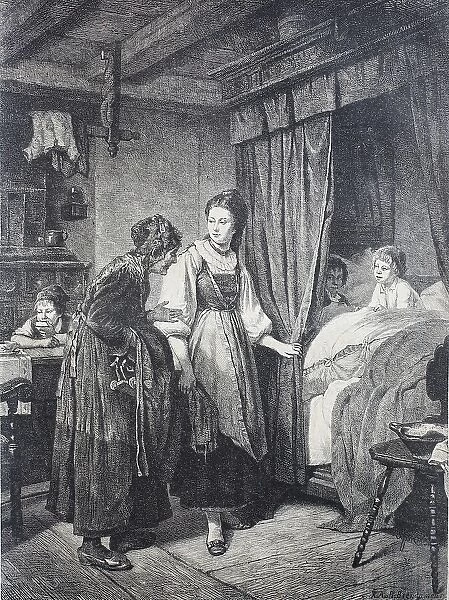 Visit of the old godmother to the godchildren who are still in bed, 1890, Germany, Historic, digitally restored reproduction of an original from the 19th century