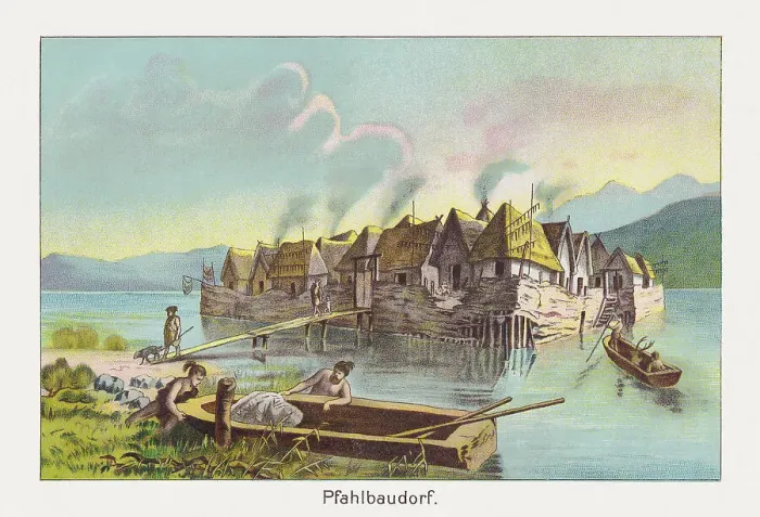 Framed Print : Visual reconstruction of a Pile-dwelling village, chromolithograph, published 1889 Framed Print : Visual reconstruction of a Pile-dwelling village, chromolithograph, published 1889
