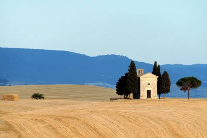 Framed Print : Vitaleta Chapel at harvest period Framed Print : Vitaleta Chapel at harvest period