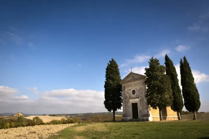 Framed Print : Front of Vitaleta chapel surrounded by Cypress trees, Val d Orcia Framed Print : Front of Vitaleta chapel surrounded by Cypress trees, Val d Orcia
