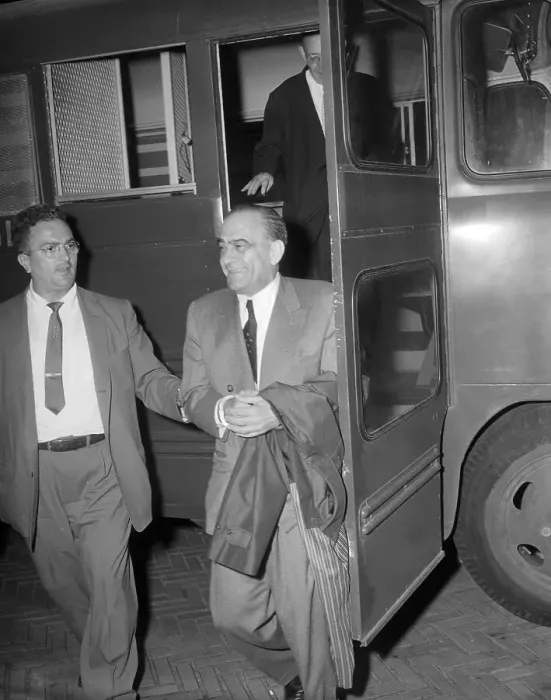 Framed Print : Vito Genovese Leaving Bus in Handcuffs Framed Print : Vito Genovese Leaving Bus in Handcuffs
