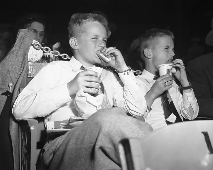 Framed Print : Vogeler Boys Eating Hot Dogs at Baseball Game Framed Print : Vogeler Boys Eating Hot Dogs at Baseball Game