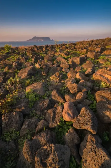 Framed Print : Volcanic rock at Seopjikoji coast with Seongsan background