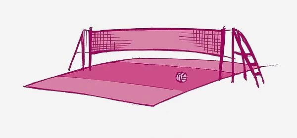 Volleyball pitch with net and ball