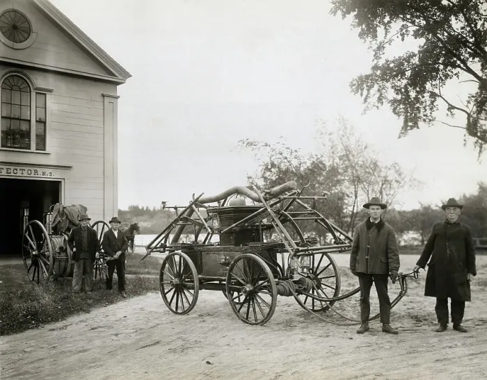 Framed Print : Volunteer Firemen with Wagon Framed Print : Volunteer Firemen with Wagon