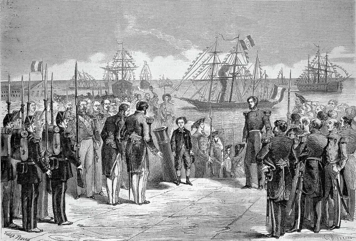 Framed Print : Voyage of the Imperial Prince Crown Prince Napoleon Eugene Louis Jean Joseph Bonaparte (16 March 1856 to 1 June 1879) to Cherbourg, the Prince coming off the yacht La Reine, 1869, France, Historic, digitally restored reproduction of an original 19th Framed Print : Voyage of the Imperial Prince Crown Prince Napoleon Eugene Louis Jean Joseph Bonaparte (16 March 1856 to 1 June 1879) to Cherbourg, the Prince coming off the yacht La Reine, 1869, France, Historic, digitally restored reproduction of an original 19th