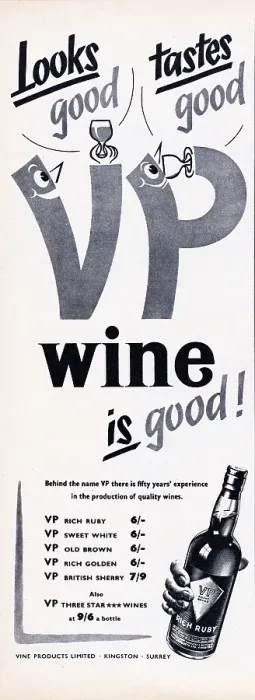 Framed Print : VP Wine. 1956: Advertisement for VP Wine with the caption Looks good, tastes good Framed Print : VP Wine. 1956: Advertisement for VP Wine with the caption Looks good, tastes good