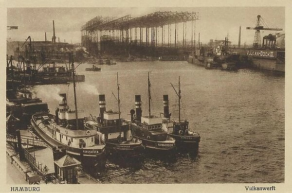 Vulkanwerft, Hamburg, Germany, postcard with text, view around ca 1910, historical, digital reproduction of a historical postcard, public domain, from that time, exact date unknown
