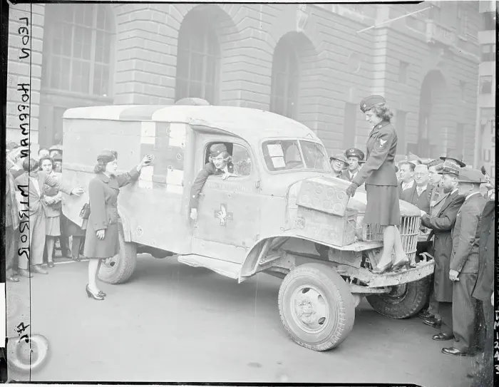 Framed Print : Wac Women Posing Near Early Ambulance