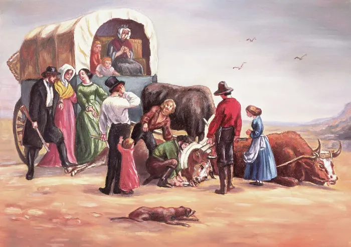 Framed Print : Wagon Train Party with Oxen