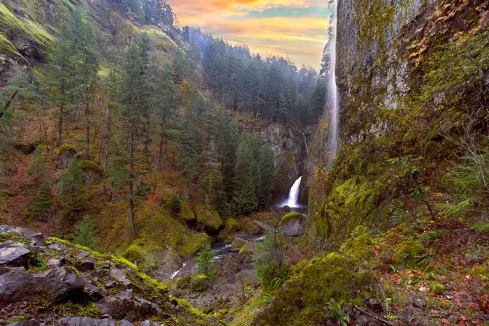 Framed Print : Wahclella Falls at Columbia River Gorge Sunset