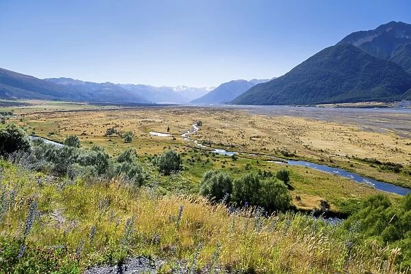 Waimakariri River, looking towards the Polar Range and Mount Dome, 1939m, Canterbury Region, New Zealand