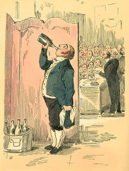 Waiter enjoying a secret drink at a Victorian party