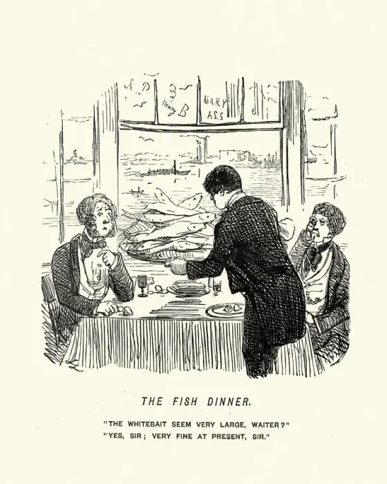 Framed Print : Waiter serving to men a fish dinner, Victorian cartoon, John Leech Framed Print : Waiter serving to men a fish dinner, Victorian cartoon, John Leech