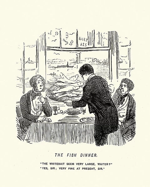 Waiter serving to men a fish dinner, Victorian cartoon, John Leech