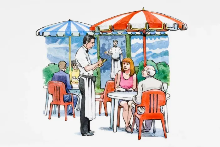 Framed Print : Waiter taking orders in outdoor area Framed Print : Waiter taking orders in outdoor area
