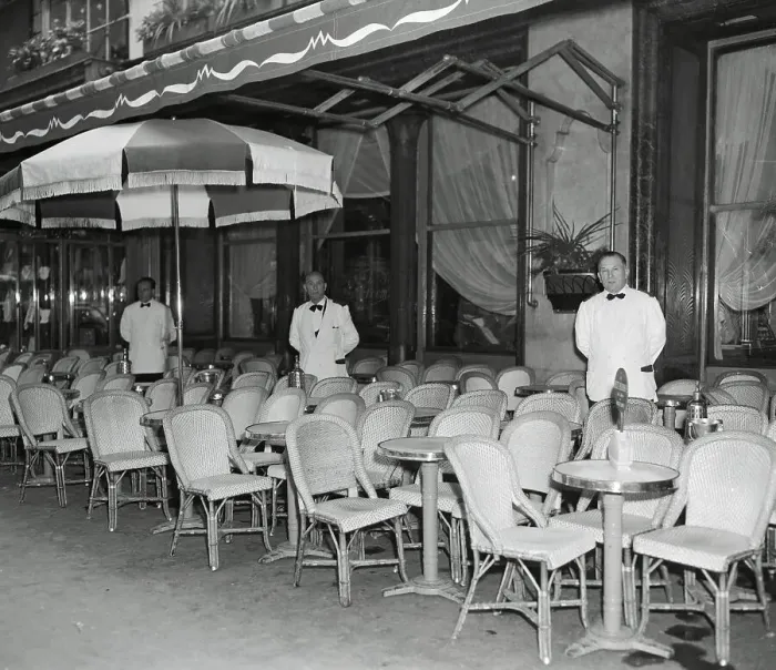 Framed Print : Waiters Standing at Empty Outdoor Cafe Framed Print : Waiters Standing at Empty Outdoor Cafe