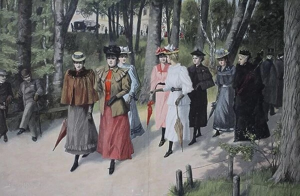 Walk of the Girls Boarding School on Sunday Afternoon in the City Park, Germany, c. 1890, digitally restored reproduction of an original 19th-century original