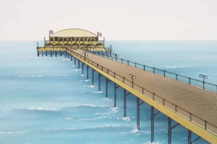 Framed Print : Walkway over pier leading to a building with domed roof, front view