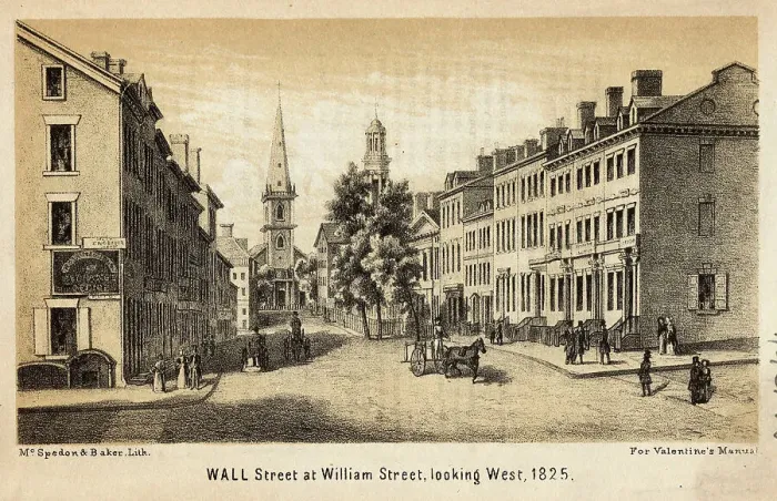 Framed Print : Wall Street at William Street Looking West 1825 Framed Print : Wall Street at William Street Looking West 1825