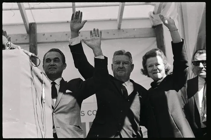 Framed Print : Wallace and LeMay Waving to Crowd