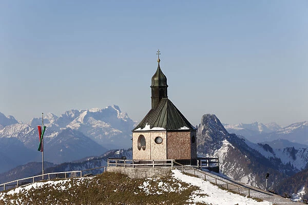 Wallbergkirche, Heilig Kreuz church on Mt Wallberg, Mountains Zugspitze, Rossstein and Buchstein, Upper Bavaria, Bavaria, Germany, Europe, PublicGround