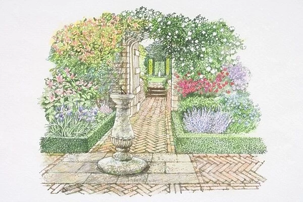 Walled country garden, dense vegetation of flowering and climbing plants within a room-like architecture including door, paved paths, plinth and statue under pergola in background