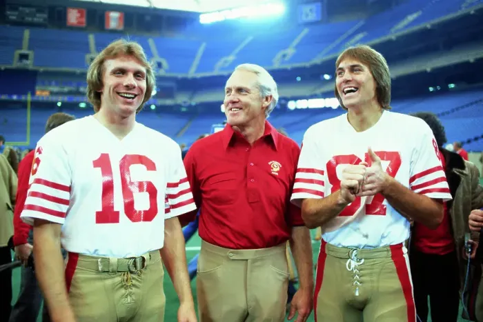 Framed Print : Bill Walsh Posing with Players Framed Print : Bill Walsh Posing with Players