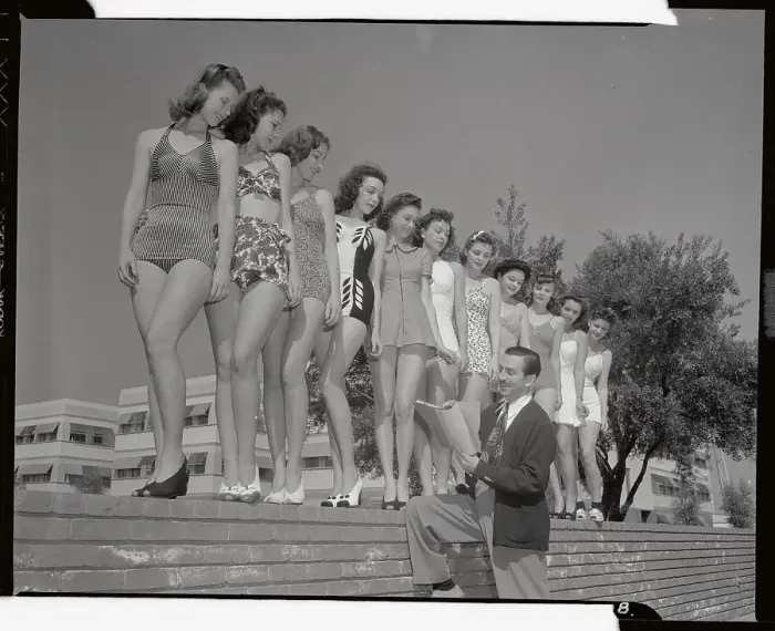 Framed Print : Walt Disney Judging a Line of Bathing Suited Women Framed Print : Walt Disney Judging a Line of Bathing Suited Women