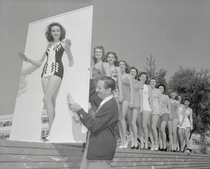 Framed Print : Walt Disney Judging a Parade of Bathing Suited Women Framed Print : Walt Disney Judging a Parade of Bathing Suited Women