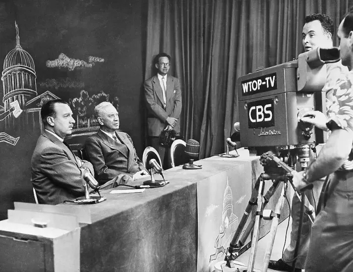 Framed Print : Walter Cronkite with Senator at News School Framed Print : Walter Cronkite with Senator at News School