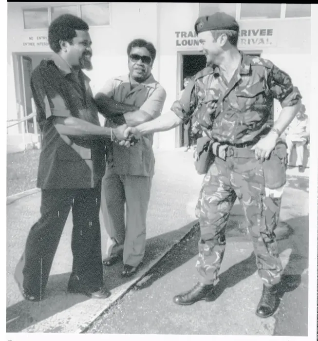 Framed Print : Walter Lini Shaking Hands With British Officer Framed Print : Walter Lini Shaking Hands With British Officer
