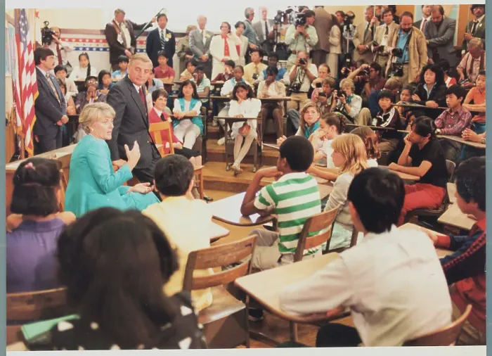 Framed Print : Walter Mondale and Geraldine Ferraro Visiting Civics Class Framed Print : Walter Mondale and Geraldine Ferraro Visiting Civics Class