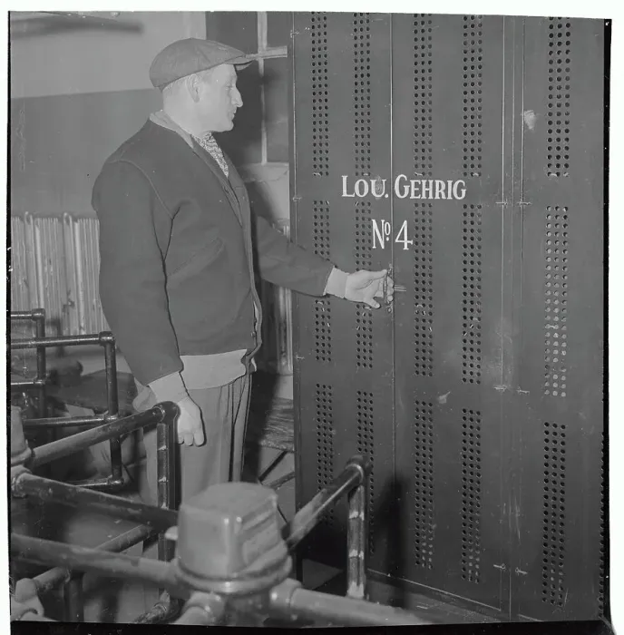 Framed Print : Walter Owens Standing at Locker Belonging to Lou Gehrig