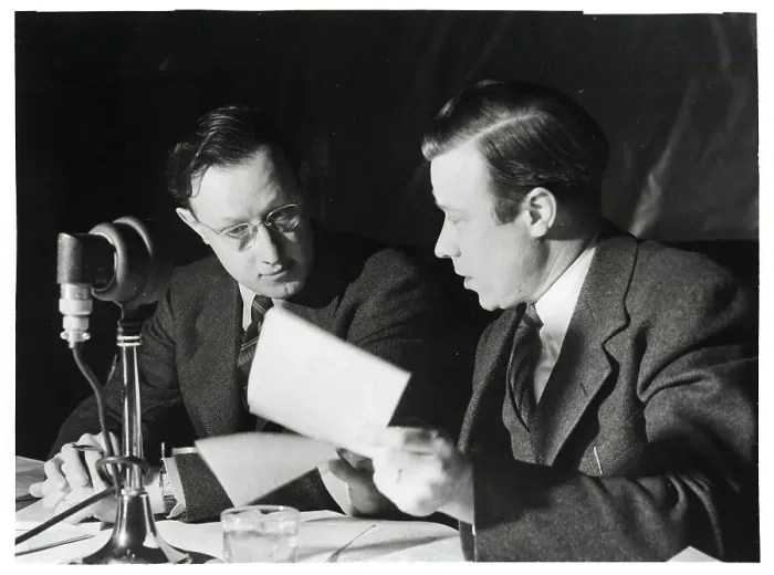 Framed Print : Walter and Victor Reuther at Desk with Microphone