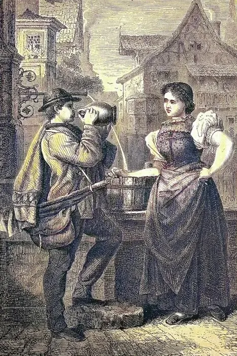 Framed Print : Wandering journeyman in Rottweil, Baden-Wuerttemberg, Germany, historical woodcut, circa 1870, digitally restored reproduction of an original 19th century print, exact original date unknown, coloured Framed Print : Wandering journeyman in Rottweil, Baden-Wuerttemberg, Germany, historical woodcut, circa 1870, digitally restored reproduction of an original 19th century print, exact original date unknown, coloured